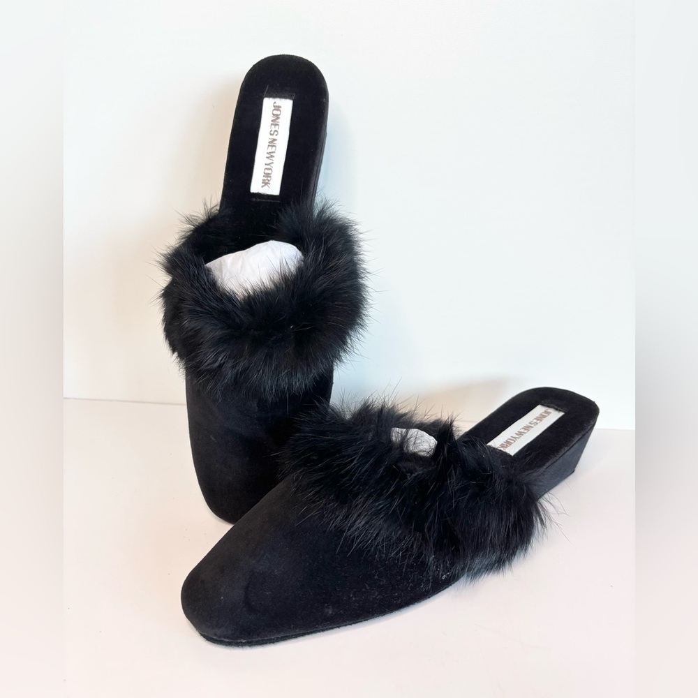 Jones New York Black Faux Fur Mule Slides  Boudoir Slippers Bedroom Slippers